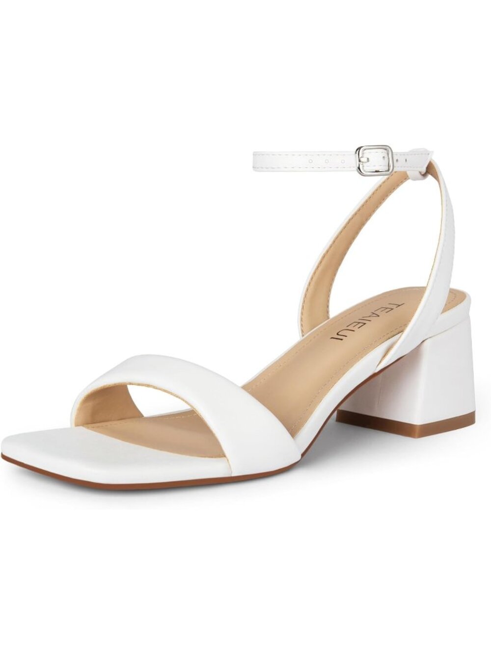 Women's White Faux Leather Comfortable Square Open Toe Ankle Strap Heeled Sandal